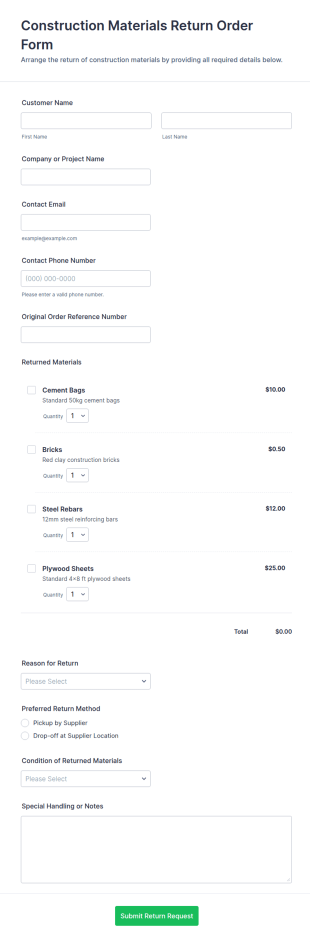 Construction Materials Return Order Form Template