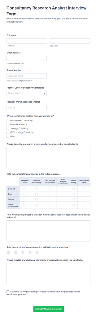 Consultancy Research Analyst Interview Form Template