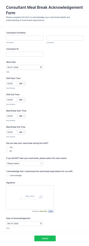 Consultant Meal Break Acknowledgement Form Template