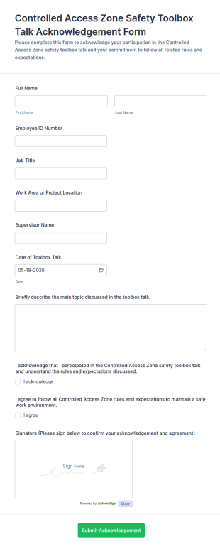 Controlled Access Zone Safety Toolbox Talk Acknowledgement Form Template