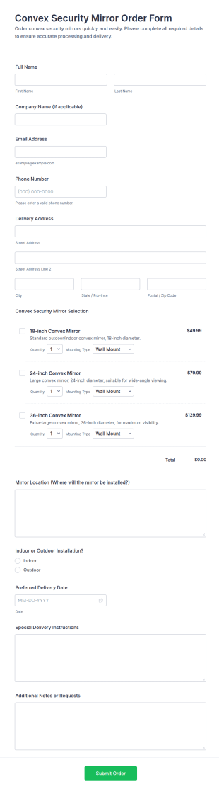 Convex Security Mirror Order Form Template