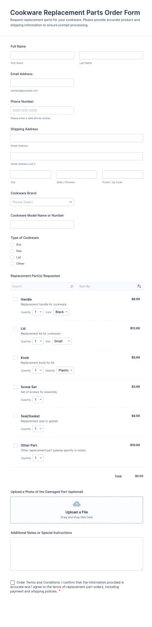 Cookware Replacement Parts Order Form Template