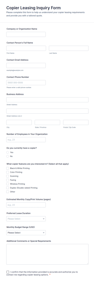 Copier Leasing Inquiry Form Template
