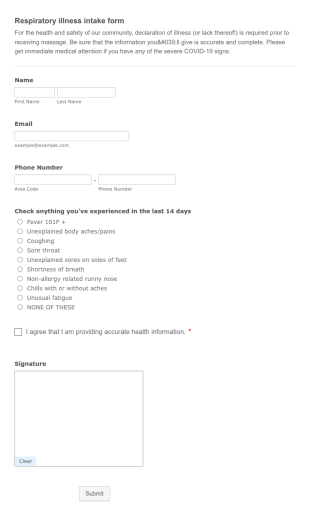 Coronavirus Intake Form For Massage Therapists