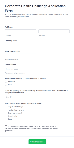 Corporate Health Challenge Application Form Template