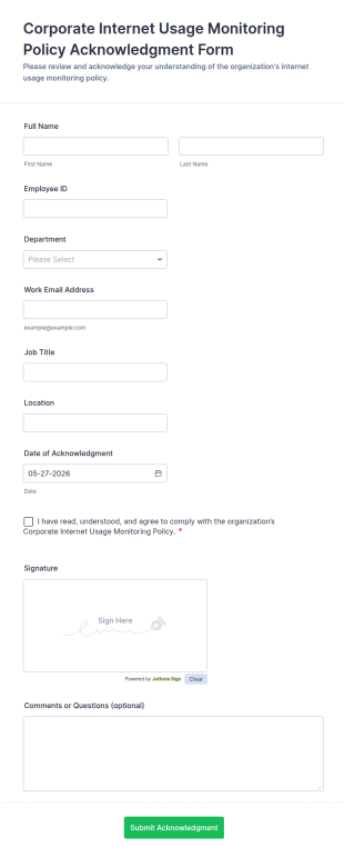 Corporate Internet Usage Monitoring Policy Acknowledgment Form Template