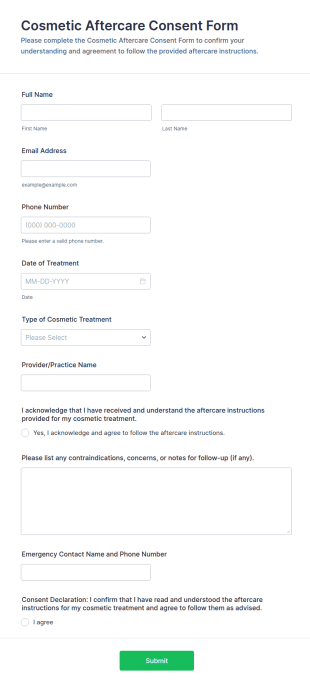 Cosmetic Aftercare Consent Form Template