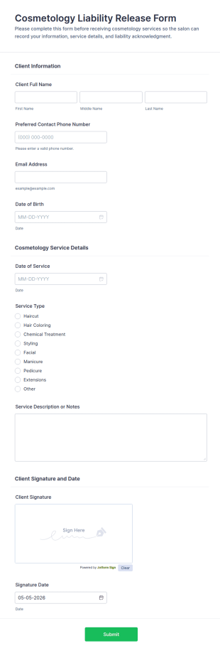 Cosmetology Liability Release Form Template