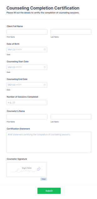 Counseling Completion Certification Form Template
