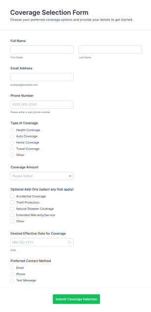 Coverage Selection Form Template
