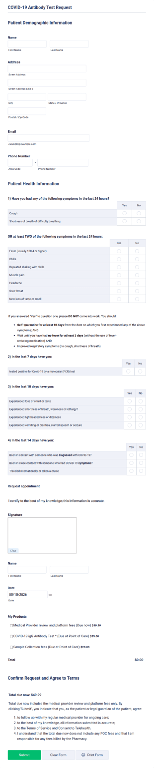 COVID 19 Antibody Test Request Form Template