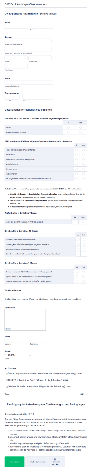 COVID 19 Antik&ouml;rper Test Anfordern