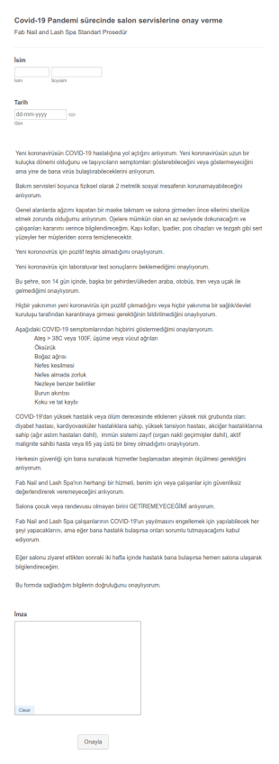 Covid 19 Bakım Servisleri Onay Form Şablonu