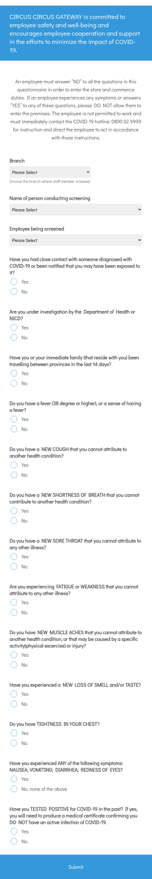 Covid 19 Daily Screening ! Form Template