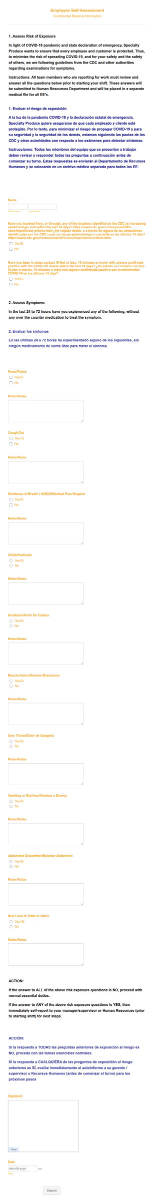 COVID 19 Employee Health Assessment Form Template