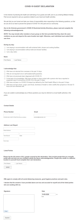 COVID 19 Guest Declaration Form Template