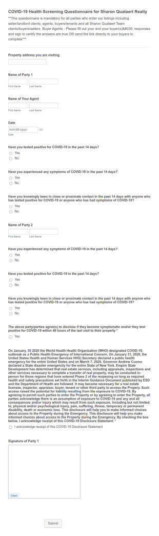 COVID 19 Health Screening Questionnaire Form Template