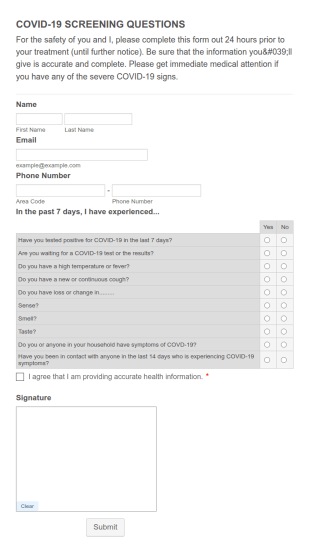 COVID 19 Screening Questionnaire Form Template