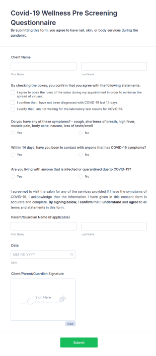 Covid 19 Wellness Pre Screening Questionnaire Form Template