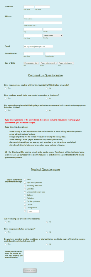 Covid Medical Questionnaire Form Template