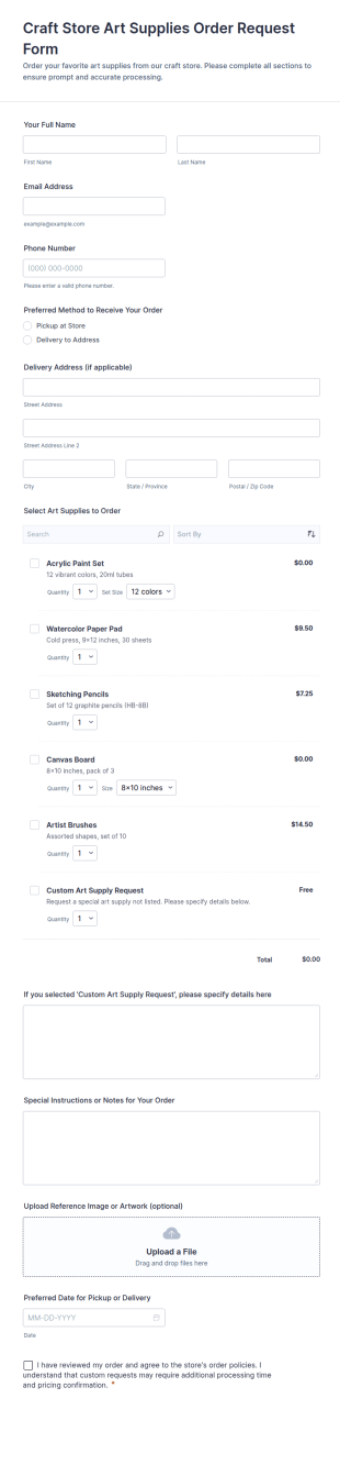 Craft Store Art Supplies Order Request Form Template