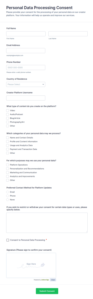Creator Platform Personal Data Processing Consent Form Template