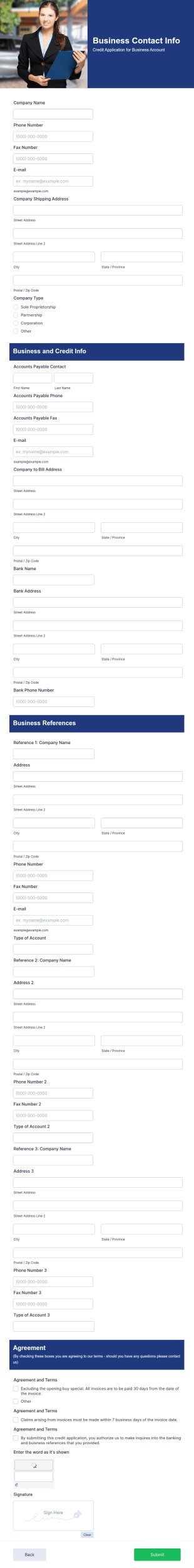Credit Application For Business Account Form Template