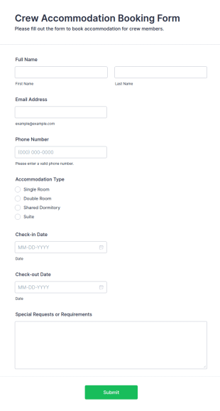 Crew Accommodation Booking Form Template
