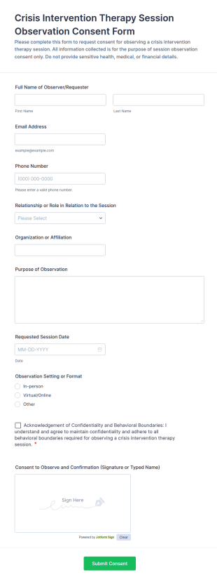 Crisis Intervention Therapy Session Observation Consent Form Template