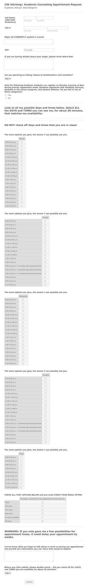 Cse Advising Appointment Request Form Template