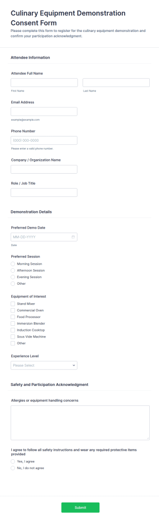 Culinary Equipment Demonstration Consent Form Template