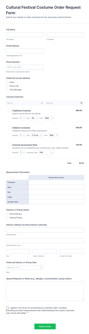 Cultural Festival Costume Order Request Form Template