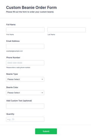 Custom Beanie Order Form Template