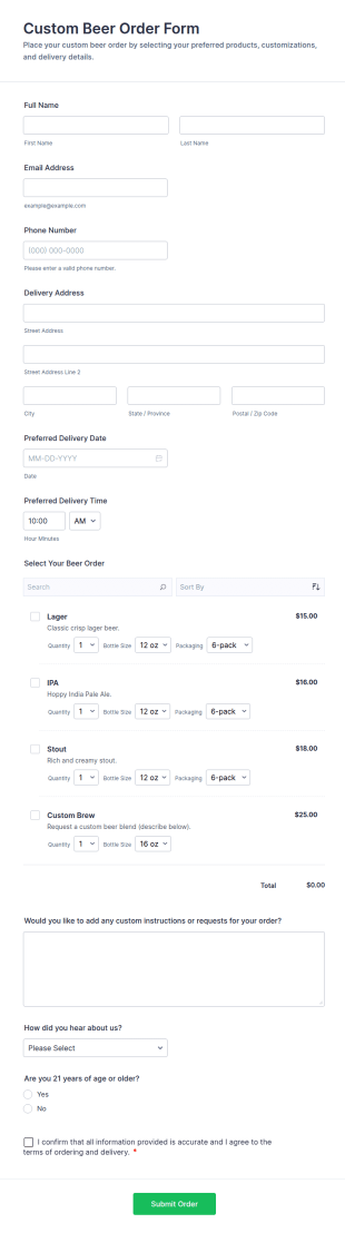 Custom Beer Order Form Template
