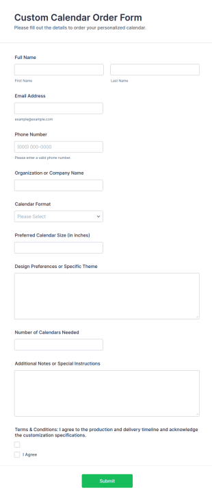 Custom Calendar Order Form Template