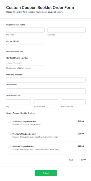 Custom Coupon Booklet Order Form Template