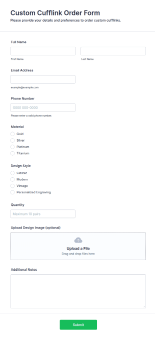 Custom Cufflink Order Form Template