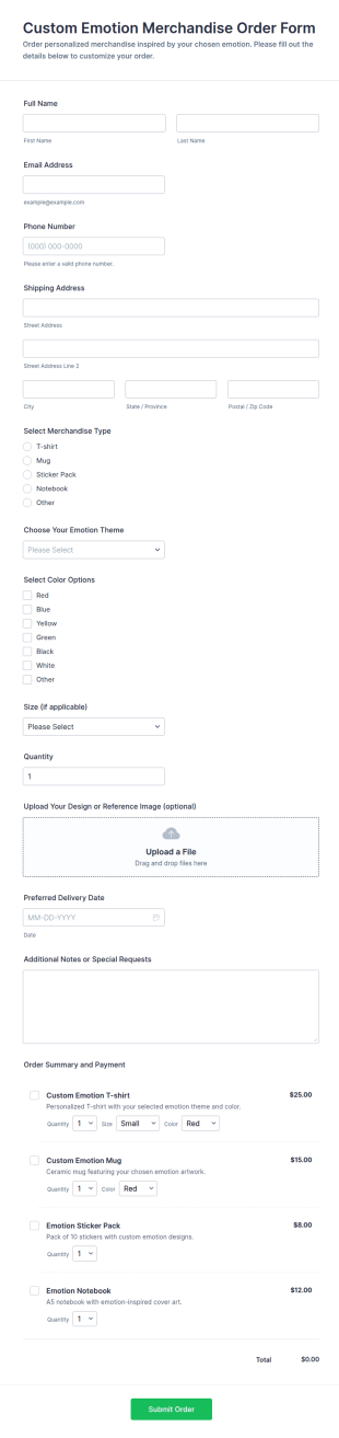 Custom Emotion Merchandise Order Form Template