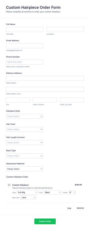 Custom Hairpiece Order Form Template