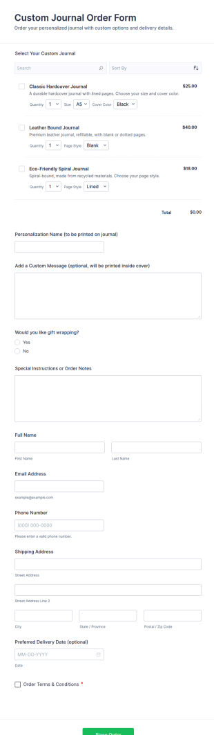 Custom Journal Order Form Template