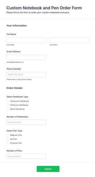 Custom Notebook And Pen Order Form Template
