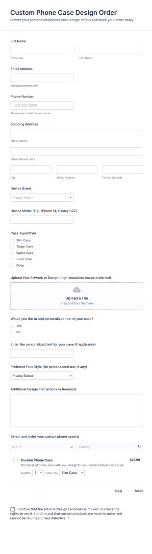 Custom Phone Case Design Order Form Template