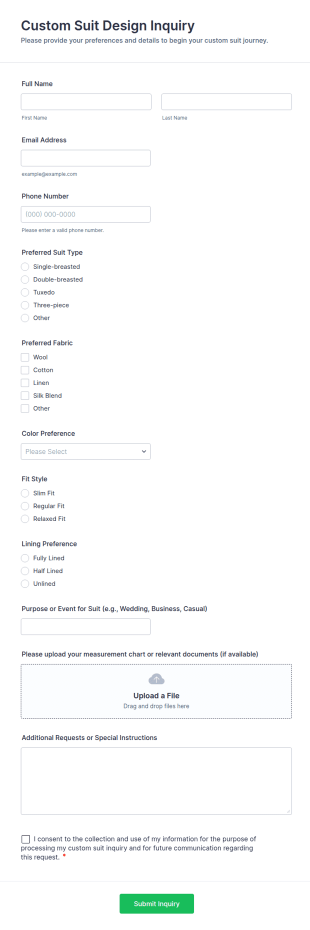 Custom Suit Design Inquiry Form Template