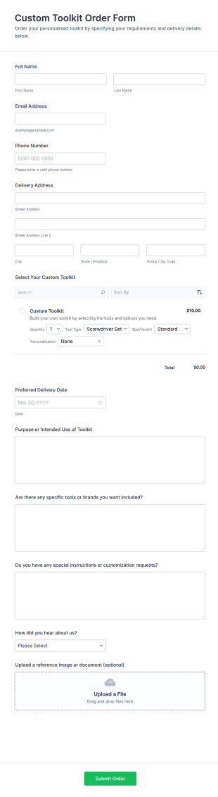 Custom Toolkit Order Form Template