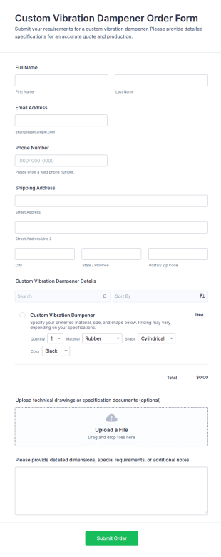 Custom Vibration Dampener Order Form Template