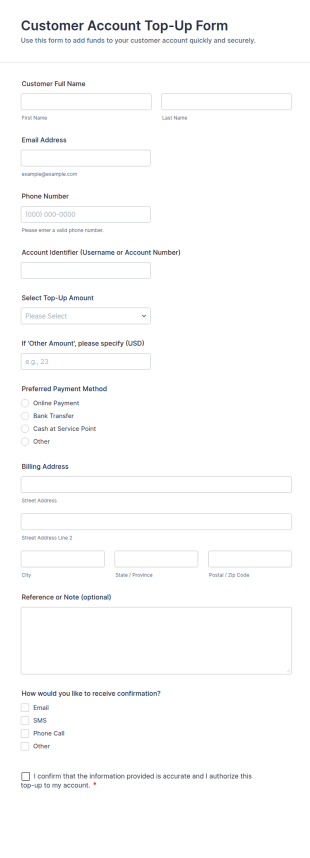 Customer Account Top Up Form Template