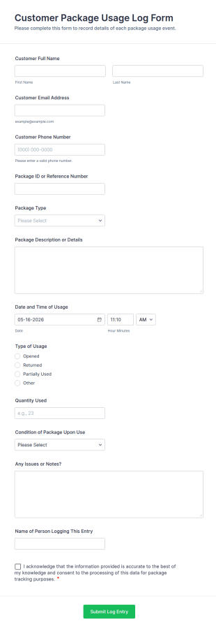 Customer Package Usage Log Form Template