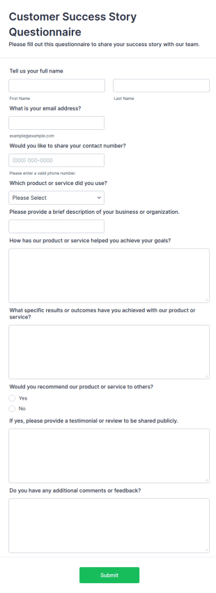 Customer Success Story Questionnaire Form Template