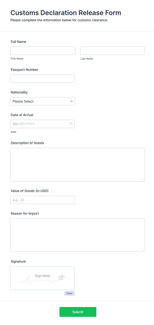 Customs Declaration Release Form Template