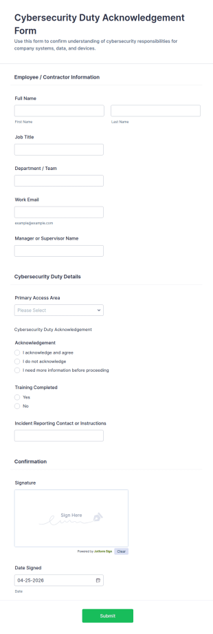 Cybersecurity Duty Acknowledgement Form Template